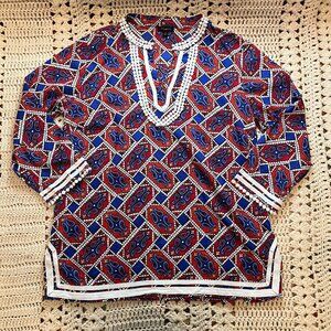 Talbots Red/White/Blue Paisley Popover Tunic with White Trim Details Size Medium